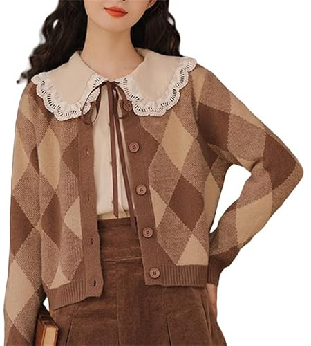LIUYUYOUGO Damen Strickjacke Damen Argyle Cardigan Pullover Vintage Rundhalsausschnitt Button Down Strick Cardigan Preppy Style Cropped Cardigan Y2K Color Block Plaid Shrugs Strickpullover Tops Outw