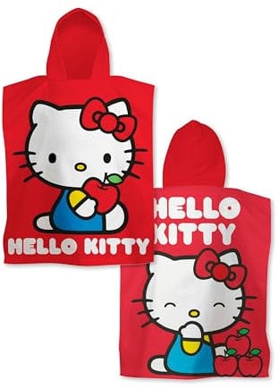 Character World Offizieller Hello Kitty Kapuzenhandtuch-Poncho | Superweiches Gefühl, freches Design | Bademantel, perfekt für Zuhause, Bad & Strand, Rot, 55 x 50 cm