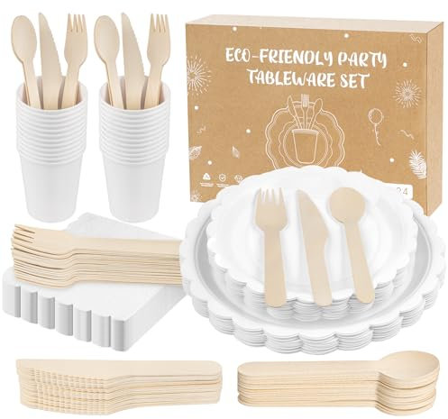 Anstore Lot de 200 assiettes et couverts pour 25 invités - Vaisselle de fête durable réutilisable et durable avec serviettes, couteaux, cuillères, gobelets en carton et assiettes pratiques pour fêtes