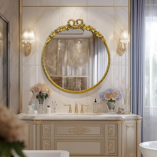 G-LEAF 60X60CM Retro Gold Runder Barock Spiegel, 24 inch Antik HD Runder Wandspiegel mit Metallrahmen für Badezimmer, Waschtisch, Wohnzimmer, Schlafzimmer, Eingang Wanddekoration Heimdekoration