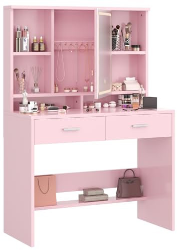 Airfish Toeletta da Trucco con Luci,3 Colori con Luminosità Regolabile,Postazione Trucco,Tavolo da Trucco con 2 Cassetti, Moderno (Rosa)