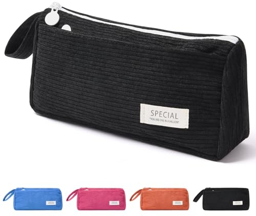 flintronic Trousse à Crayons en Velours Côtelé, Trousse en Velours Côtelé, Double Couche Pencil Case, pour Garçons et Filles, Articles pour et de Bureau pour Étudiants(Noir)