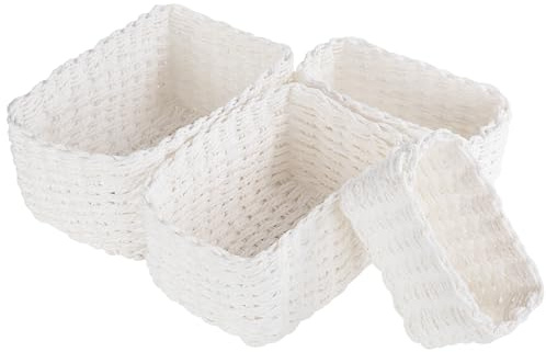 Vikcvcsc 4 Stück Aufbewahrungskorb aus Recycling PapierSeil,Stapelbarer Badezimmer Körbe Aufbewahrung, Aufbewahrungskörbe Set, Aus Gewebtem für Wohnzimmer Küchen Kinderzimmer Bad(Weiß)
