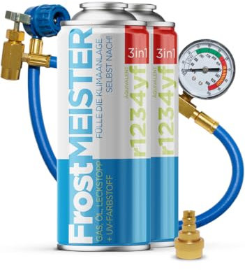 FrostMEISTER Kit de recharge 3 en 1 pour climatisation de voiture (2 boîtes de 400 ml + tuyau avec manomètre et adaptateur) – Liquide froid de rechange, huile de compresseur et mastic pour R1234yf (à