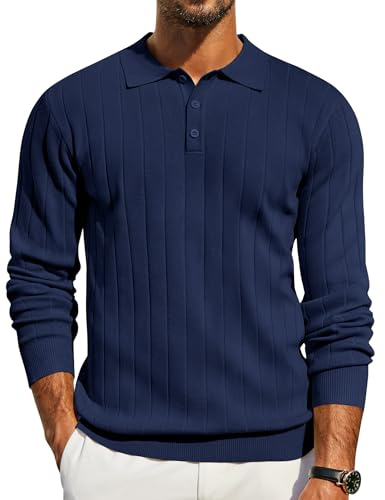 COOFANDY Mens Polo Jumper Long Sleeve Knitted Polo Shirts Regular Fit Casual Lightweight Pullover Navy Blue XL
