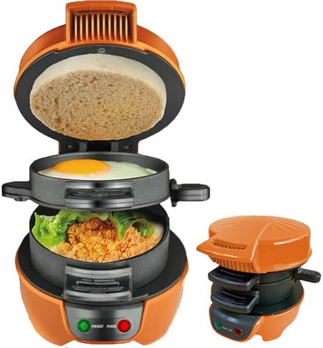 XLGNXXL Sandwichera eléctrica, tostadora de Hamburguesas con Aros de Huevo y Placa Antiadherente para Hamburguesas, Waffles y desayunos rápidos Orange,13 * 20 * 14cm