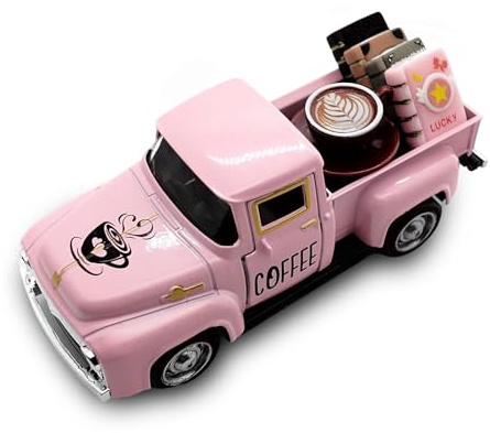 Teeloray Kaffee Home Decoration Vintage Metal Truck mit Mini Bücher und Kaffees für Zuhouse, Kaffee Ecke Tischdeko, Oldtimer Coffee Schreibtisch Deko für Büro Küche Wohnzimmer Geschenke, Rosa