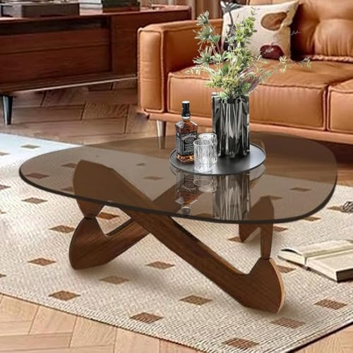 Dreieckiger Couchtisch aus Glas und Holz im Retro-Oval-Design, mit Glasfuß und hitzebeständiger Oberfläche.,A02,82×57×35cm