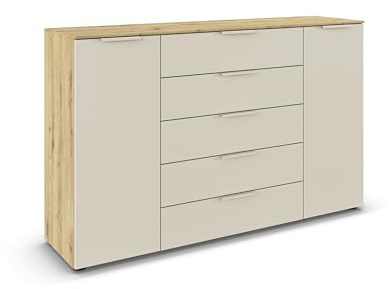 Rauch Möbel Flipp, Kommode, Farbe Beige/Eiche Artisan, Breite 160 cm | Sideboard, 2-türig, 5 Schubladen, Soft-Close-Funktion, für Schlafzimmer, Gästezimmer, Wohnzimmer, Garderobe, Flur
