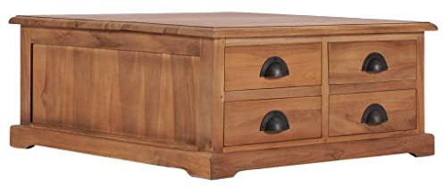 Fangmaliuyun Couchtisch 68x68x30 cm aus massivem Teakholz Kolonialstil mit 4 Schubladen Robuste Kaffeetisch für Wohnzimmer Balkon oder Flur