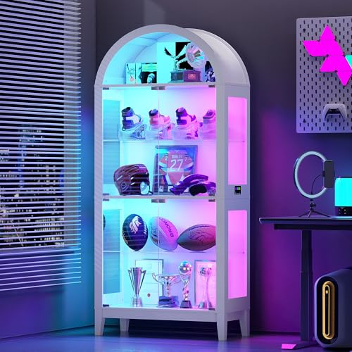 175 CM Gewölbtem RGB Glasvitrine mit Bewegungssensor für Figuren,Weiß | Vitrine mit Verstellbaren Glasböden,Sammlervitrine mit Dynamische Beleuchtung für Wohnzimmer,Schlafzimmer