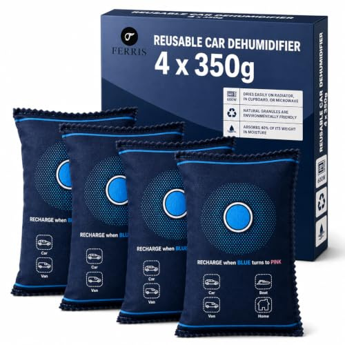 FERRIS Car Dehumidifier Bags 4 Pack Reusable Moisture Absorbers (4 x 350g) | silica gel car dehumidifiers with colour indicator to help reduce condensation, damp and misted windscreens in cars and vans.