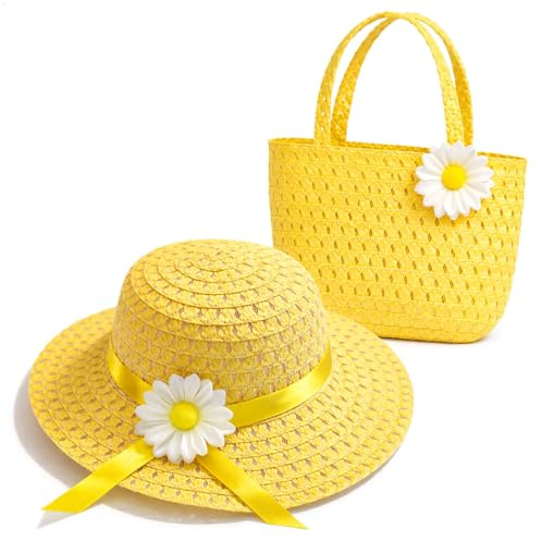 com-four® Sombrero de verano para niña con bolsillo, conjunto de sombrero de paja para niños con flor, bonito sombrero para el sol para playa, vacaciones y ocio, sombrero de verano ligero con bolso a