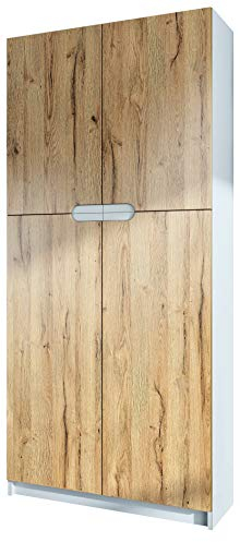 Vladon Büroschrank Logan V1, Made in Germany, Aktenschrank mit 5 Fächern und 4 Türen, Weiß matt/Eiche Natur (82 x 185 x 37 cm)