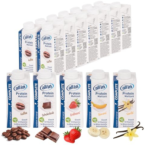 all in® COMPLETE Protein Drink Sorten Vanille, Kaffee, Schokolade, Erdebeere, Banane 14 x 200 ml - Hochkalorische Trinknahrung auf Milch-Basis | Protein Shake Mahlzeit zur schnellen Gewichtzunahme