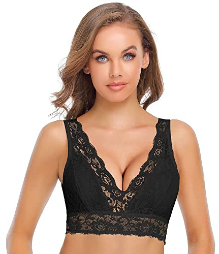 SHEKINI Women Lace Floral Bra Sexy V Neck Bralette Wire Free Bustier Padded Comfor Everyday Bra, Black, Small