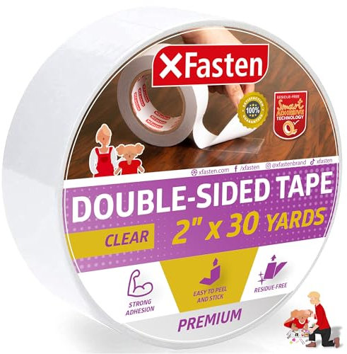 XFasten Double Sided Tape Clear, Removable, 2-Inch by 30-Yards, Ideal as a Gift Wrap Tape, Holding Carpets, and Woodworking