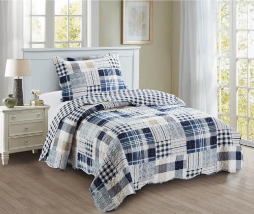 Brilliant Sunshine Blaue Plaids und Streifen Patchwork 2-teiliges Bettwäsche-Set mit 1 Kissenbezug Wende-Tagesdecke Weicher Leichter Bezug Ganzjahresdecke Doppelbett Blau