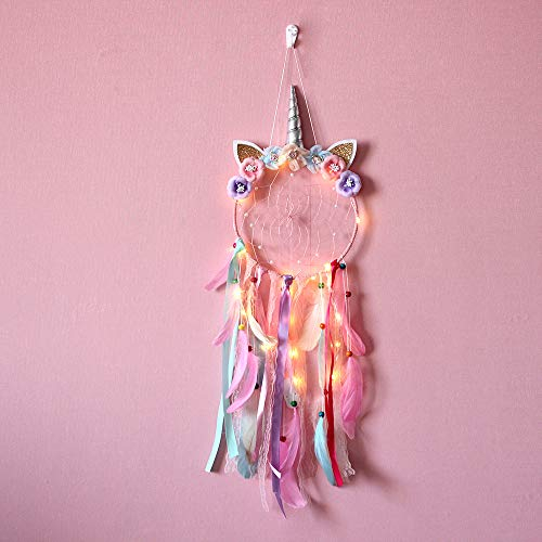 JZK Rosa Einhorn Traumfänger mit Lichtern für Mädchen, Feder Traumfänger mit LED Leuchten für Schlafzimmer Dekoration Wandbehang, Geburtstagsgeschenk für Mädchen