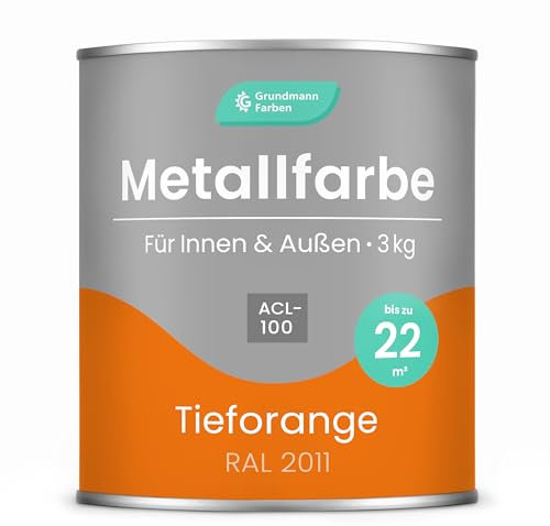 Grundmann Metallfarbe ACL 100 - Orange 3 Kg - Seidenmatt - 4in1 Metallschutzlack inkl. Rostschutz und Grundierung - RAL 2011 Tieforange