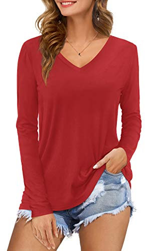 Florboom Womens Long Sleeve Tops Plain V Neck Shirts Casual Curved Hem Blouse Red Size 18 20