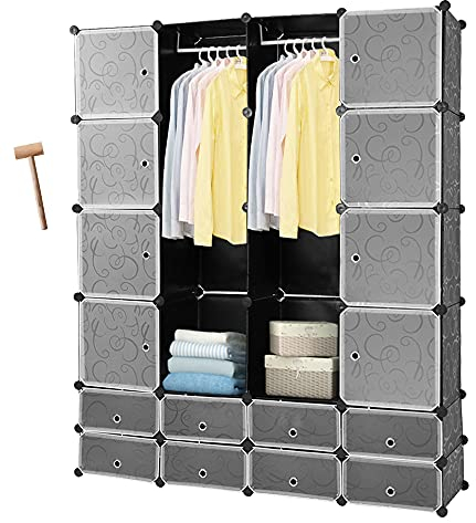 Lospitch Kleiderschrank, Tragbarer Regalsystem, 16 Würfel DIY Regalsystem Kleiderschrank Offen Kunststoff Garderobe mit Türen Garderobenschrank Schwarz 180 x 142 x 37CM