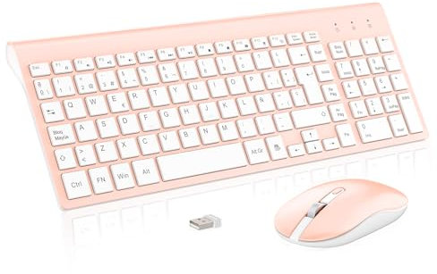 cimetech Teclado y Ratón Inalámbrico, 2.4G Combo Español 2 en 1 USB Ultra Delgado Silencioso Mouse,Packs para PC/Laptops/Ordenador/Escritori (Rosado)