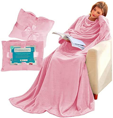 Lucadeau Kuscheldecke mit Ärmeln und Taschen, Geschenk für Frauen, Geburtstagsgeschenke für Mama Freundin,Schwester,Valentinstagsgeschenk,anziehbare TV-Decke 150x200cm (Zartrosa)