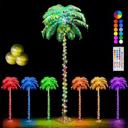 LED Lighted Palm Tree With Coconuts - 6 FT Color Changing Artificial Lights, Remote Control for Pool, Beach, Yard, Summer Party, Home, Hawaiian Tiki Bar Indoor Outdoor Decoration