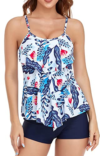 FLYILY Maillot de Bain 2 Pièces Femme Tankini Ensembles à Volants Maillot Haut Imprimé avec Short de Garçon Maillots de Bain Grande Taille(WhiteBlue,XL)