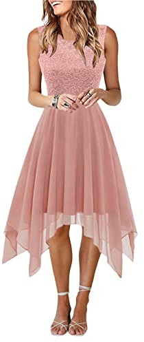 Onsoyours Robe de Cocktail Femme Longue Robes Soirée en Dentelle Mousseline de Soie Robes Chic Elégant sans Manches Sexy Robe Asymétrique A Rose S