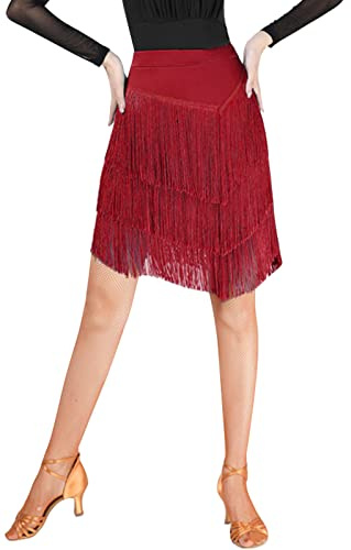 SEAUR Latein Tanzrock Damen Bauchtanz Hüfttuch Fransen Rock Ballsaal Rumba Cha Cha Samba Tanzkleid Dunkelrot - XXL