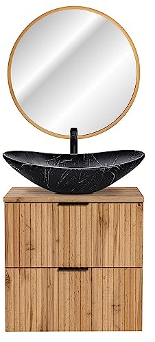 Lomadox Badmöbel Gäste WC Bad Set, 60 cm Waschtisch-Unterschrank Wotaneiche Rillenoptik mit Keramik Waschbecken, LED-Spiegel Gold, B/H/T 61,5/200/46,5 cm