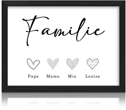 Milaboo® Personalisiertes Familienposter Herzen I Besonderes Geschenk für Mama, Papa, Oma und Opa I Persönliche Einzugsgeschenke haus (4 Herzen-3 ohne Bilderrahmen)
