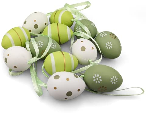 Netuno 12x Kunststoff-Ostereier Set Grün Weiß mit Band 4 cm Deko-Eier gemustert zum Aufhängen Kunststoffeier gemusterte Ostereier künstliche Vogeleier bunt Osteranhänger Dekoaufhänger Eier aus Plastik