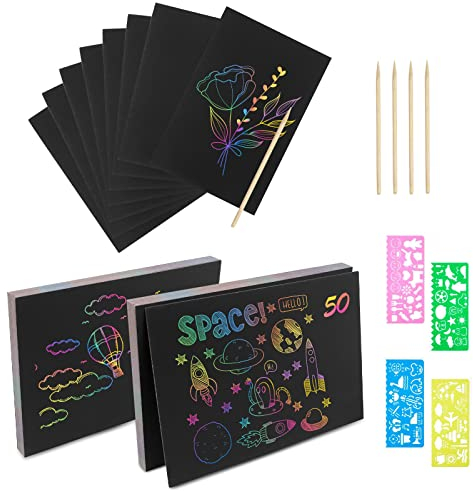 Relota 50 Stück Kratzbilder für Kinder, Blätter Regenbogen Kratzpapier mit 5 Holzstifte, 4 Malschablonen, Malbuch Magic Scratch Book, Kratzbild Set zum Zeichnen und Basteln für Jungen Mädchen DIY