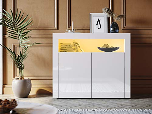 SONNI Kommode Sideboard mit LED Beleuchtung Weiß Hochglanz Wohnzimmermöbel Wohnzimmerschrank Standschrank RGB-Funktion mit 4 Grundfarben und 12 Verläufen B108xT40xH92