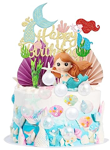 Gyufise 32Pcs 3D Mermaid Under the Sea Cake Toppers Set Mermaid Tail Starfish Seaweed Shell Bubble Palm Leaf Cupcake Picks for Under the Sea Theme Baby Shower Birthday Party Cake Decorations Supplies