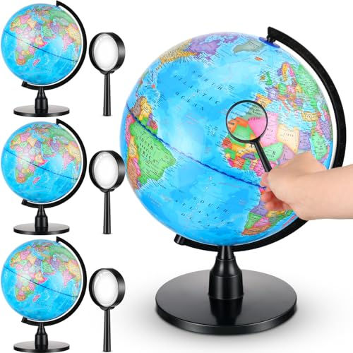 Yeaqee 4 Stück 30,5 cm Weltkugel mit Ständer 4 Stück Lupen Globen Lernen Erde Globus Pädagogische Globus Klassenzimmer Globus Schreibtisch Globus Dekor Geografische Globen Globus Spinning Globe