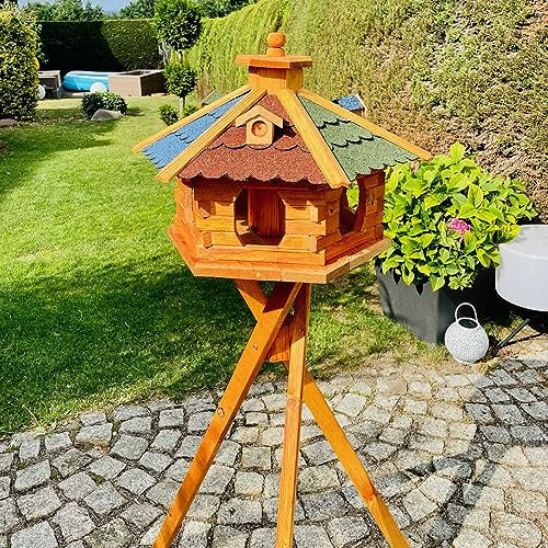 DARLUX handgefertigtes Sechseck Vogelhaus aus Holz wetterfest M - XL mit und ohne Ständer, Futterhaus, Futterhäuschen (Größe XL mit Ständer, Bunt - Braun)