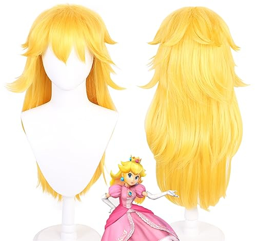 MEZHEN Perücke Prinzessin Pfirsich Cosplay Perücke Lange Goldene Gelbe Prinzessin Pfirsich Anime Cosplay Perücke für Halloween Party Kostüm Perücke