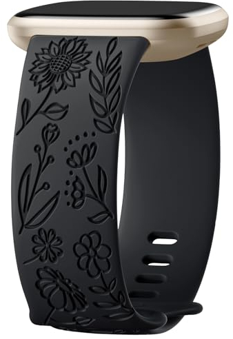 Oielai Sonnenblume Gravierte Armband Kompatibel mit Fitbit Versa 3/Fitbit Versa 4/Fitbit Sense/Fitbit Sense 2 Armband Damen, Weich Silikon Ersatzarmband für Versa 3/Versa 4/Sense 2/Sense, G Schwarz