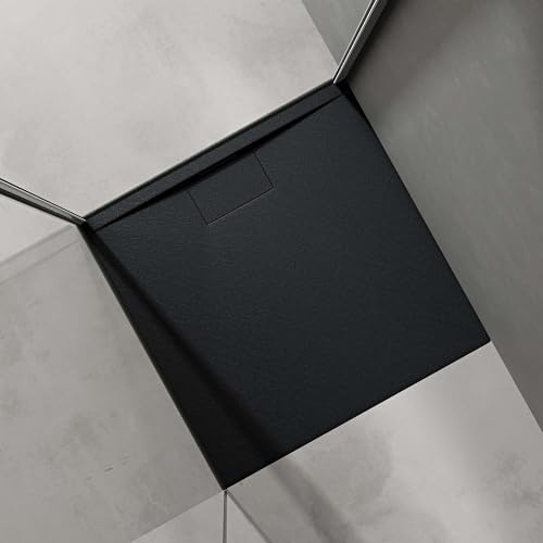doporro Duschtasse Duschwanne 80x80x3 flach Mineralguss in Anthrazit DIN-Anschlüsse für bodengleiche Montage geeignet Geoma07