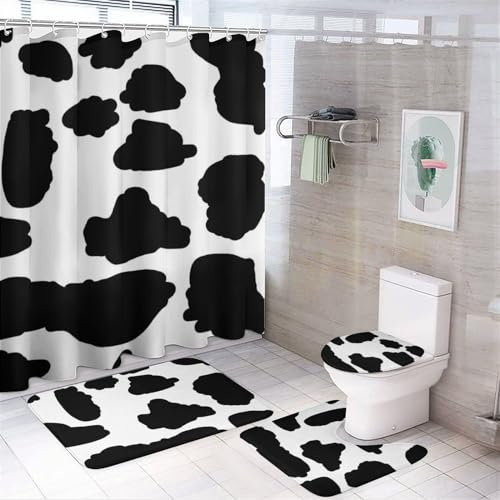 CZZYH Duschvorhang und WC-Vorleger, 183 x 183 cm, Badematte und WC-Vorleger, 4-teiliges Badezimmer-Set mit weißen Punkten