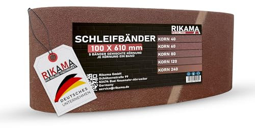 RIKAMA® Lot de 25 bandes abrasives 100 x 610 mm en mélange | 5 bandes par grain 40, 60, 80, 120 et 240 | Bandes abrasives en tissu pour ponceuse à bande | Pour ateliers amateurs et professionnels (25,