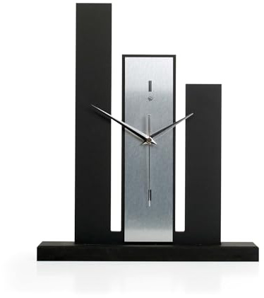Kreative Feder Designer-Standuhr „Stairs“ aus Holz – Schwarze Tischuhr in modernem Metallic-Look ohne Ticken (leises Funkuhrwerk)