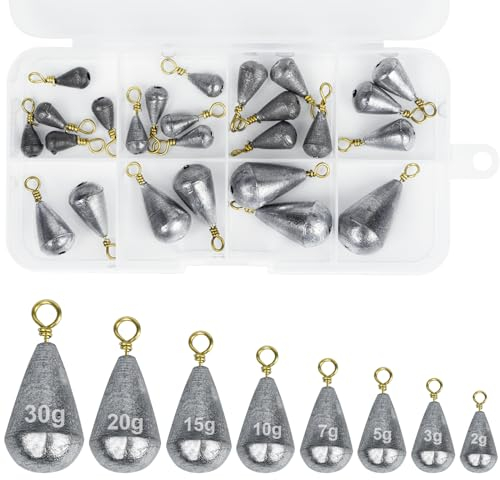 25 Pcs Small Fishing Weights Set 8 Sizes Sea Fishing Weights 2g 3g 5g 7g 10g 15g 20g 30g Iron Fishing Sinkers Weights with Box for Saltwater Freshwater River