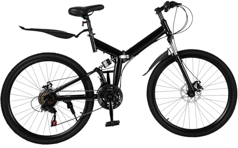 TESUGN 26 Zoll Mountainbike, 21 Gang Citybike Faltbare mit Scheibenbremsen Schutzbleche Federgabel Trekkingrad MTB Herren Damen Jugendliche, Schwarz