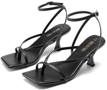 DREAM PAIRS Women's kitten Low Strappy Lace Up Heels Open Square Toe Thong Ankle Strap Heels Sexy Fashion Comfort Dress Shoes Party Sylvestra Pumps Heeled Sandals,Size 8,Black-Pu,SDHS2405W