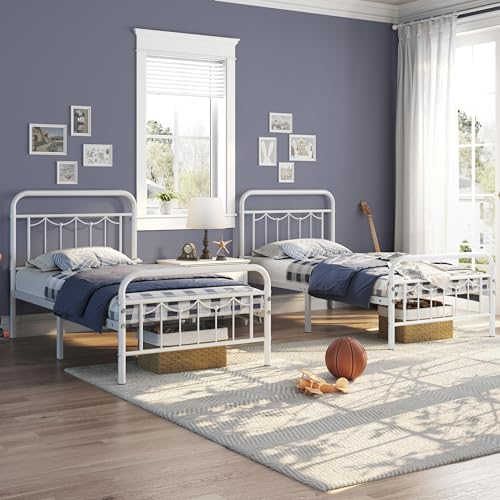 Yaheetech 2er Set Bettrahmen 90 x 190 cm aus Metall, Bettgestell im Vintage-Stil, Retro Elegantes Metallbett mit Lattenrost & Hohem Kopfteil, Einfacher Aufbau Einzelbett Gästebett Jugendbett Weiß